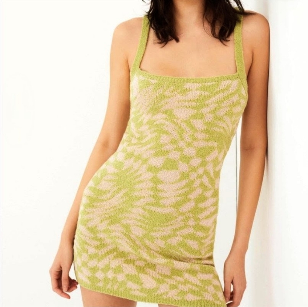 FOR LOVE & LEMONS Green & Cream Knit Mini Dress Crossed Back Fitted Geometric